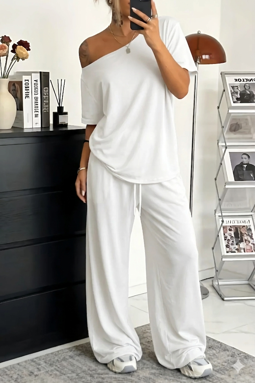 Conjunto mujer pantalón amplio hombro descubierto casual