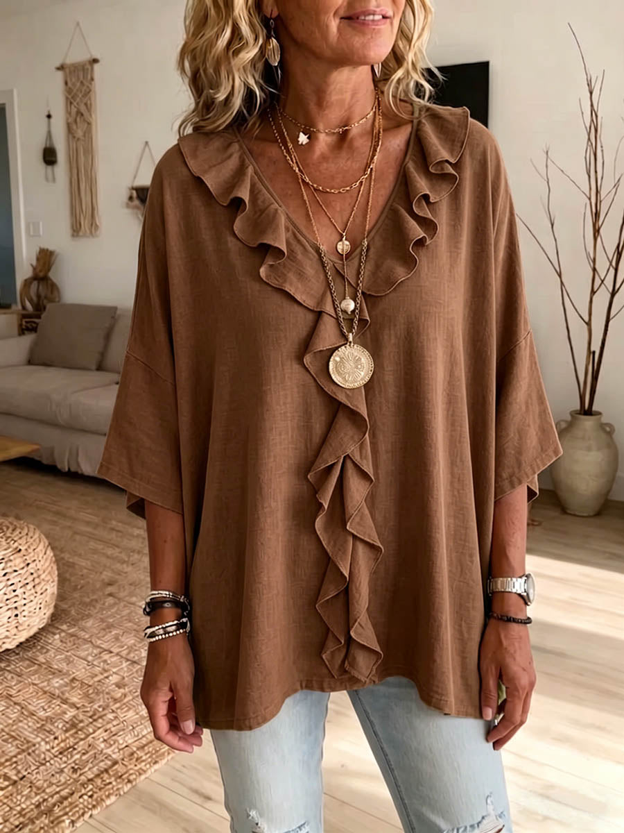 Blusa Mujer Algodón Lino Corte Suelto Escote en V Volantes