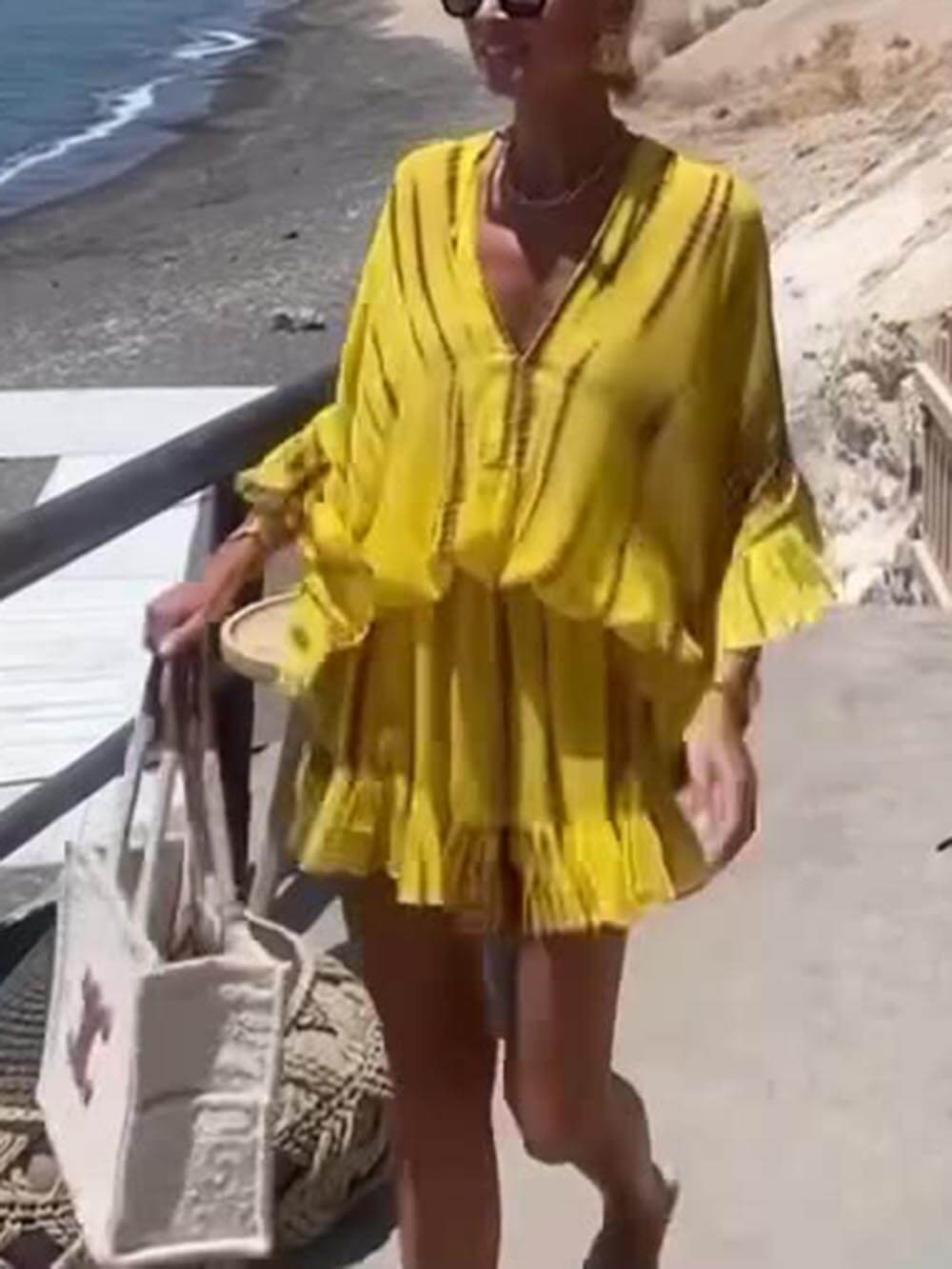 Vestido Mujer Fluido Escote en V Mangas Murciélago Falda Volantes