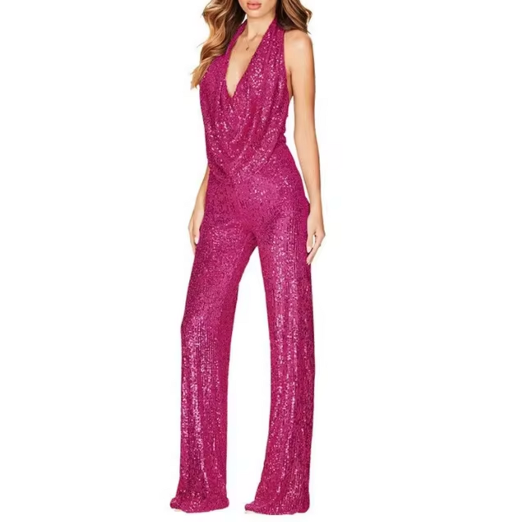 Mono Mujer con Lentejuelas y Cuello Halter Elegante