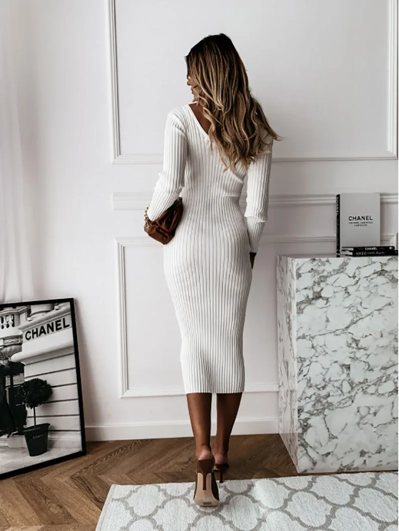 Vestido midi mujer de plumeti cuello en v manga larga