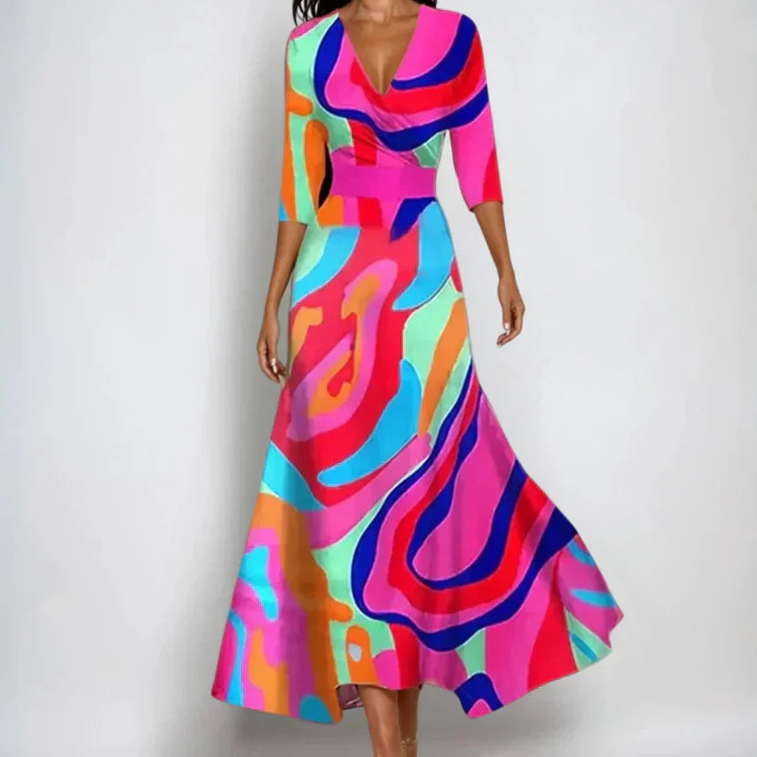Vestido Mujer Floral Escote en V Mangas Tres Cuartos
