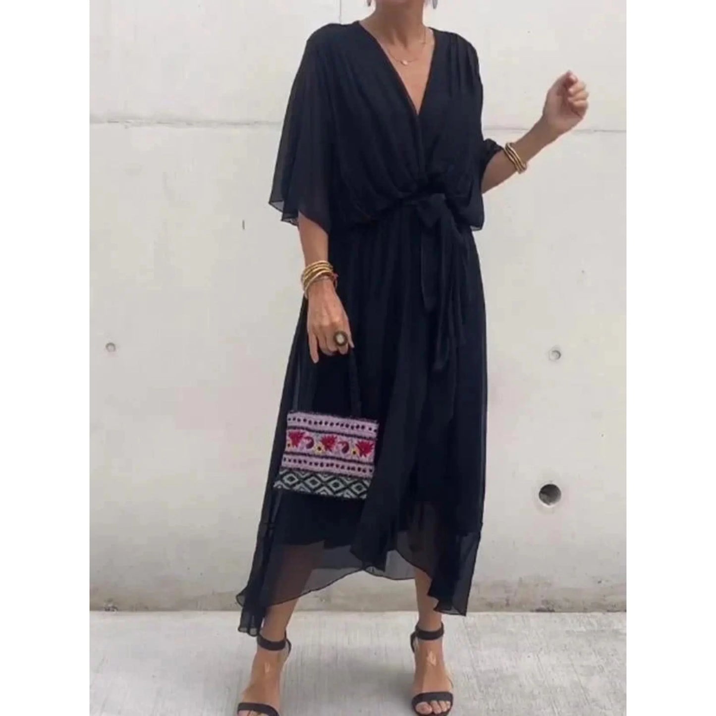 Vestido Midi Mujer con Escote en V y Cinturón Ajustable