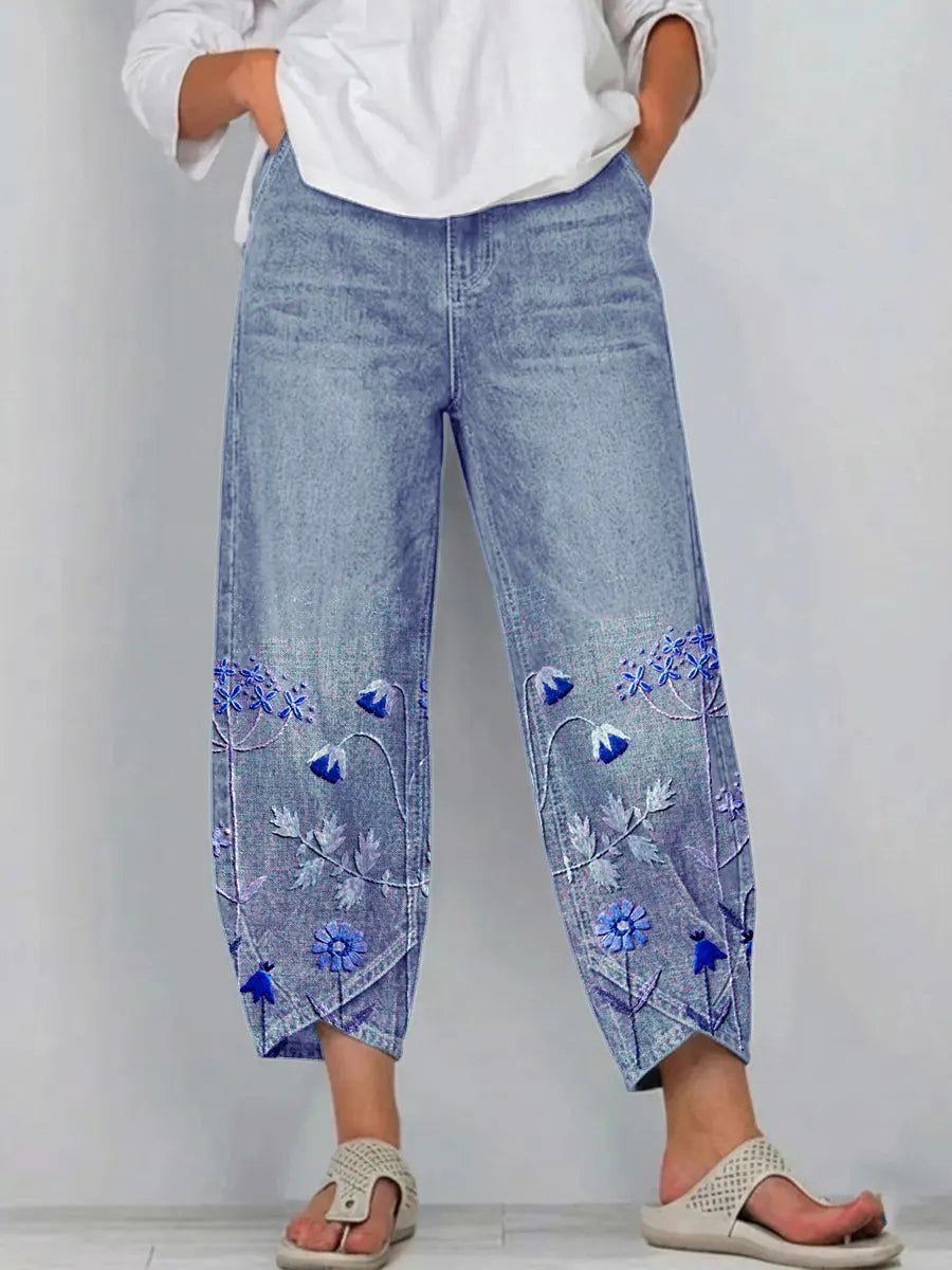 Pantalón mujer denim algodón bordado floral corte recto boho