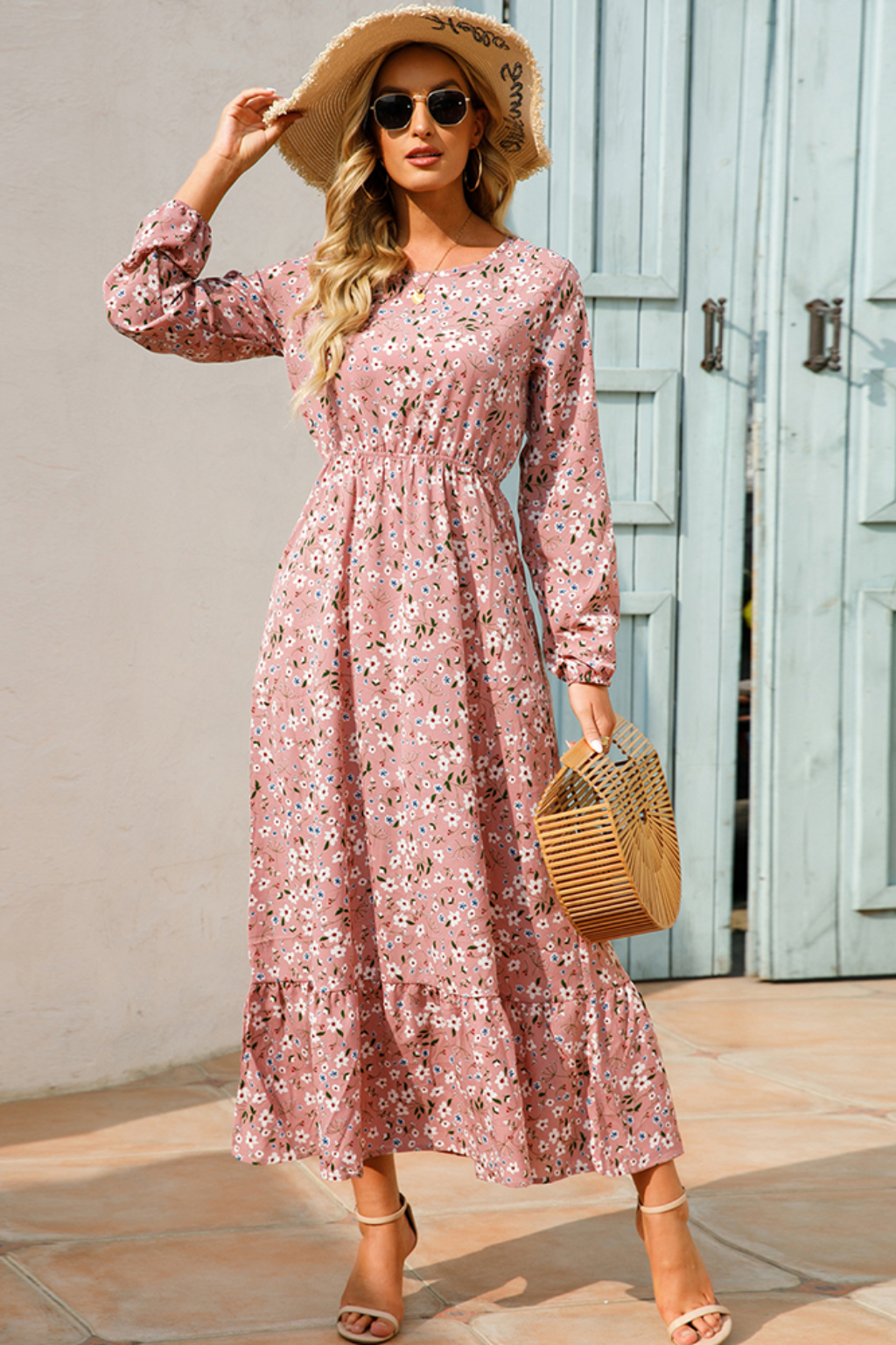 Vestido maxi mujer de tela fluida con cintura alta y mangas largas
