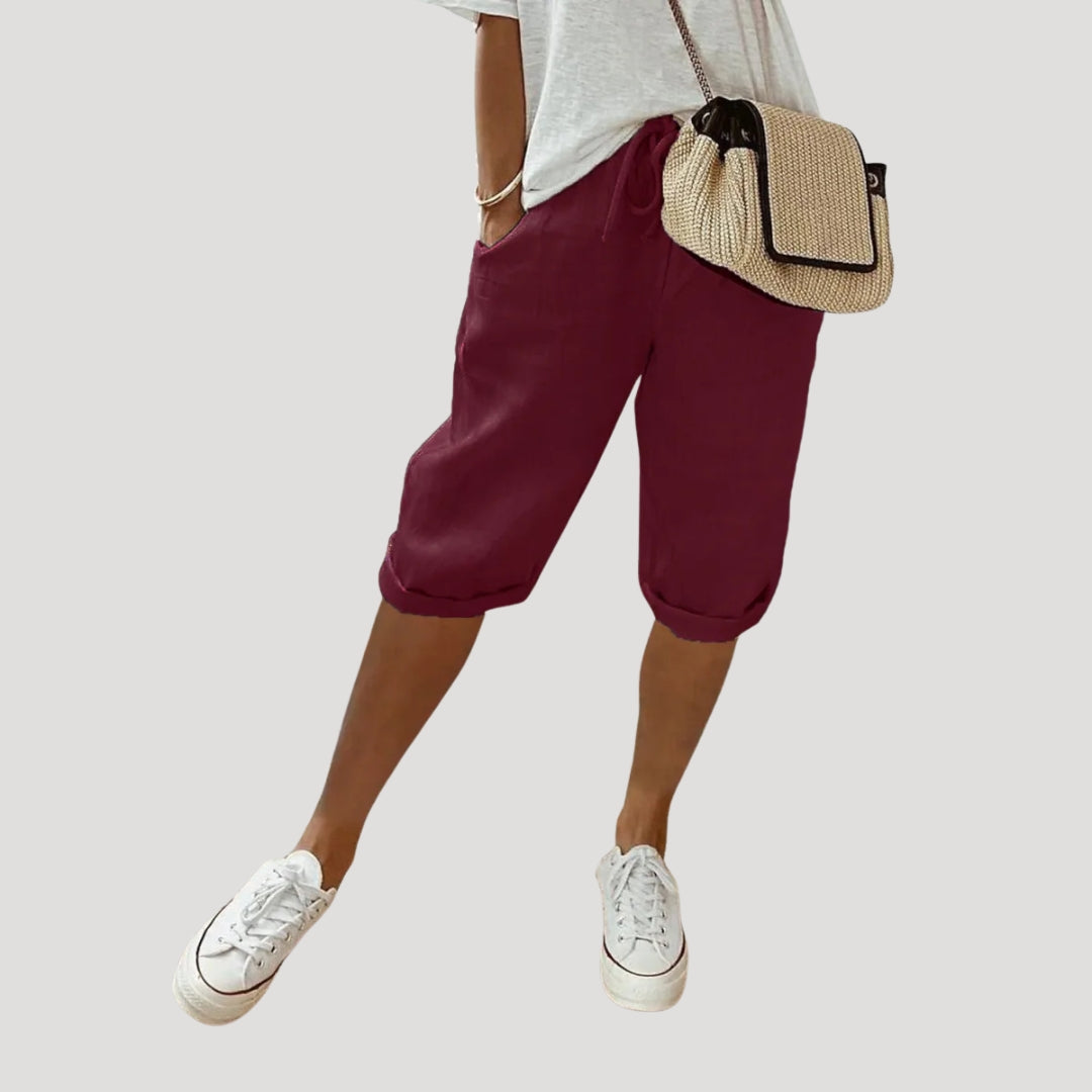 Pantalones Cortos Mujer de Lino Corte Recto Hasta Rodilla