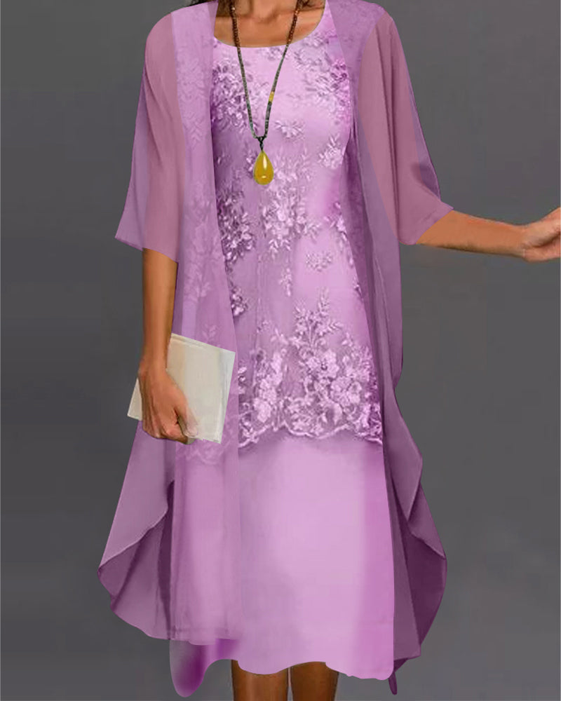 Vestido Mujer con Encaje y Capa de Gasa Estilo Invitada