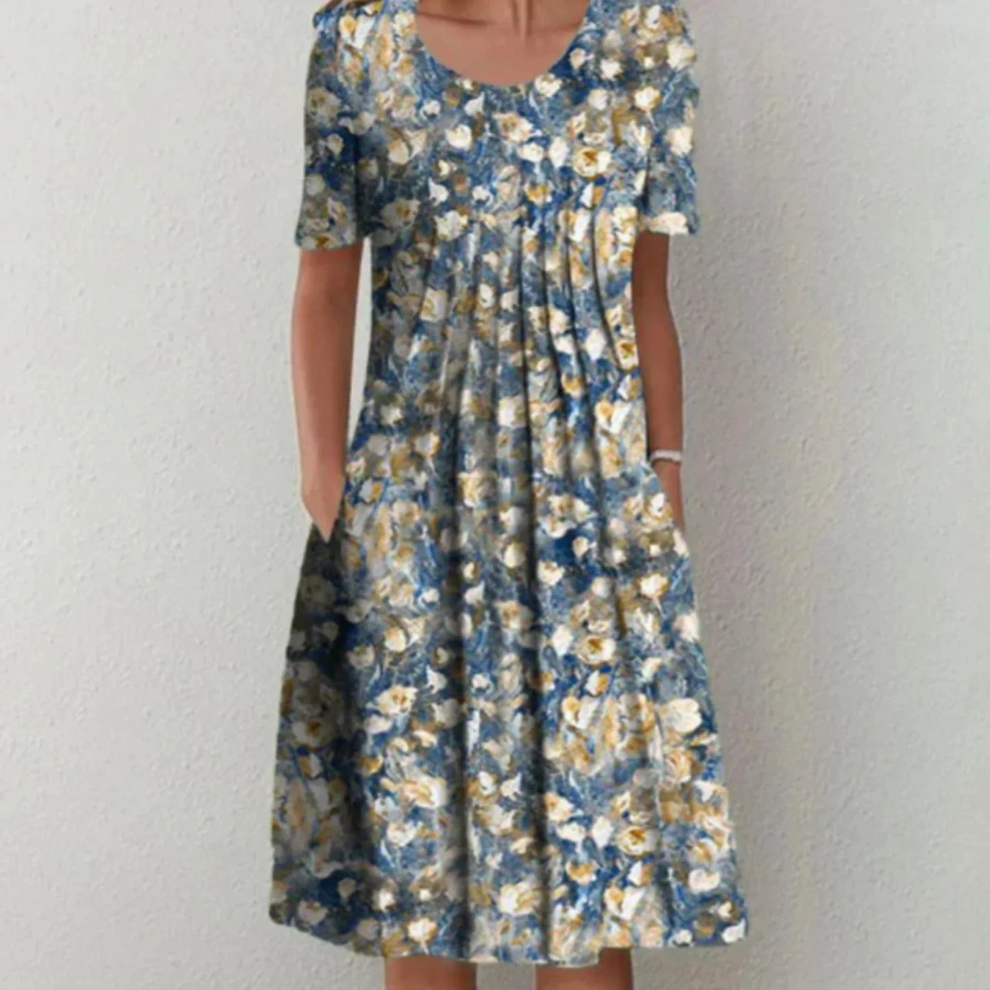 Vestido midi mujer de tela floral manga corta con bolsillos