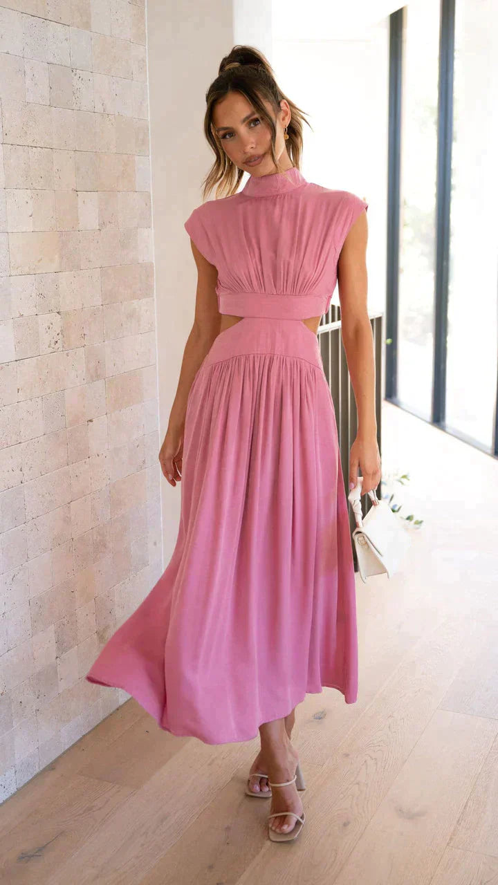 Vestido midi mujer con corte cut out sin mangas cuello alto