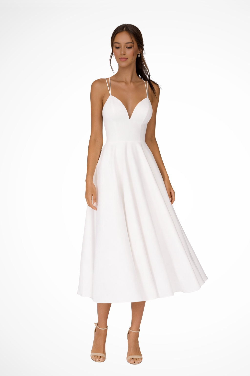 Vestido midi Mujer con tirantes finos y falda evasé