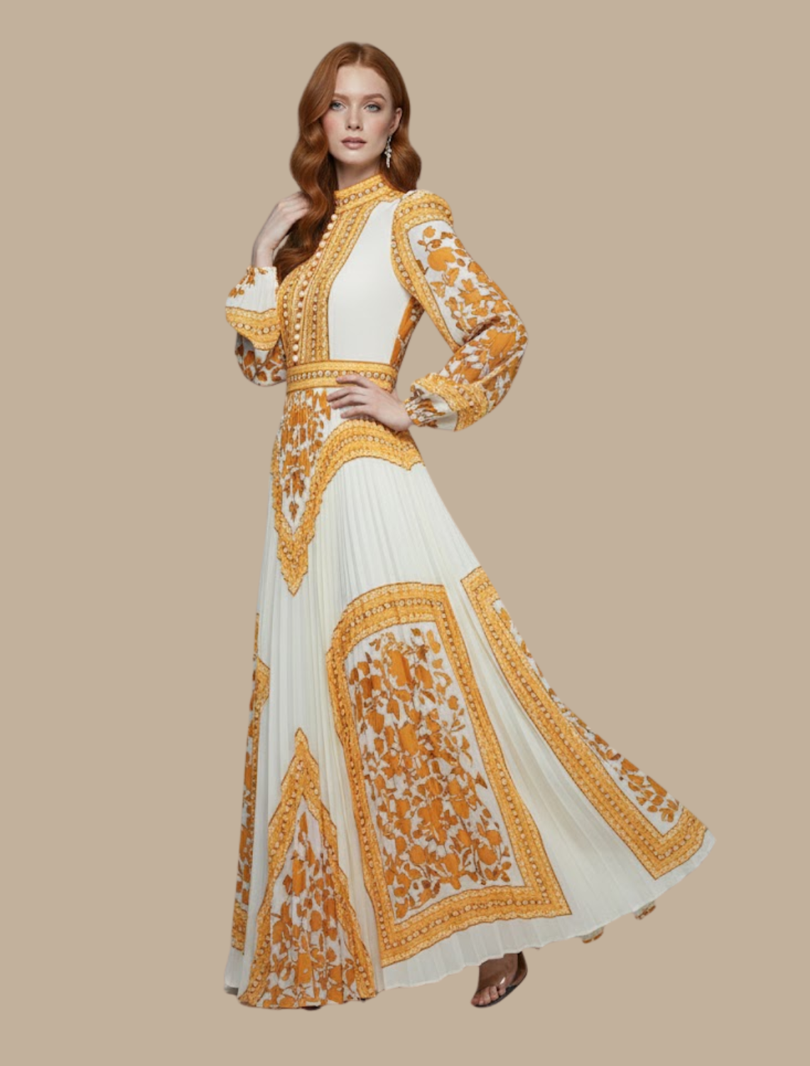 Vestido maxi mujer plisado manga larga fluido