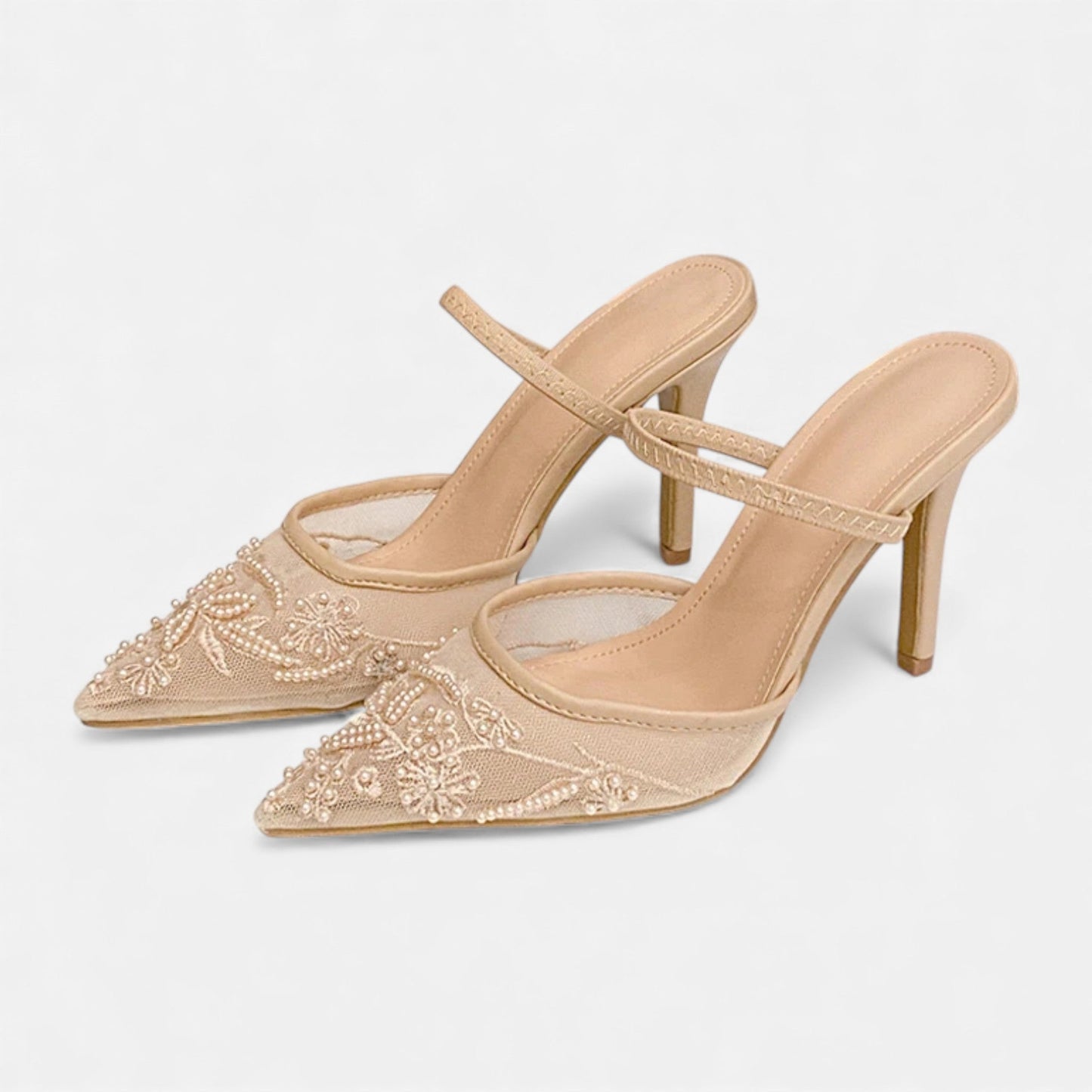 Zapatos Tacón Aguja Mujer Malla Bordada Punta Fina Correa