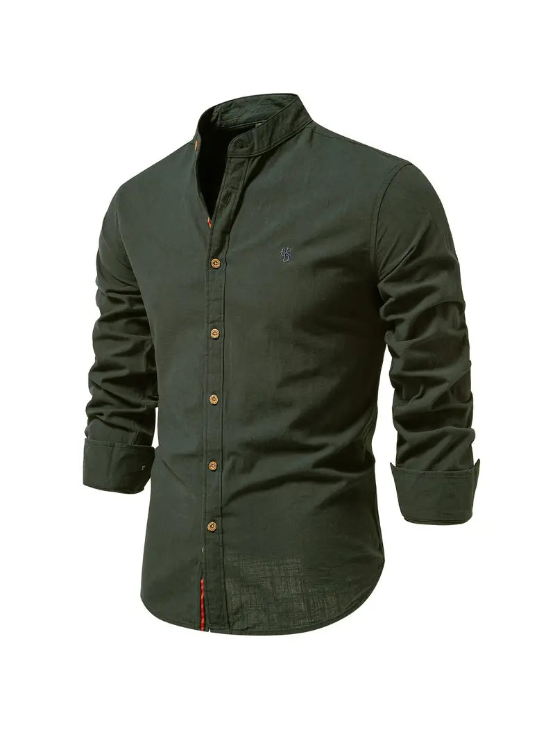 Camisa Hombre Slim Fit Algodón Cuello Mao Manga Larga