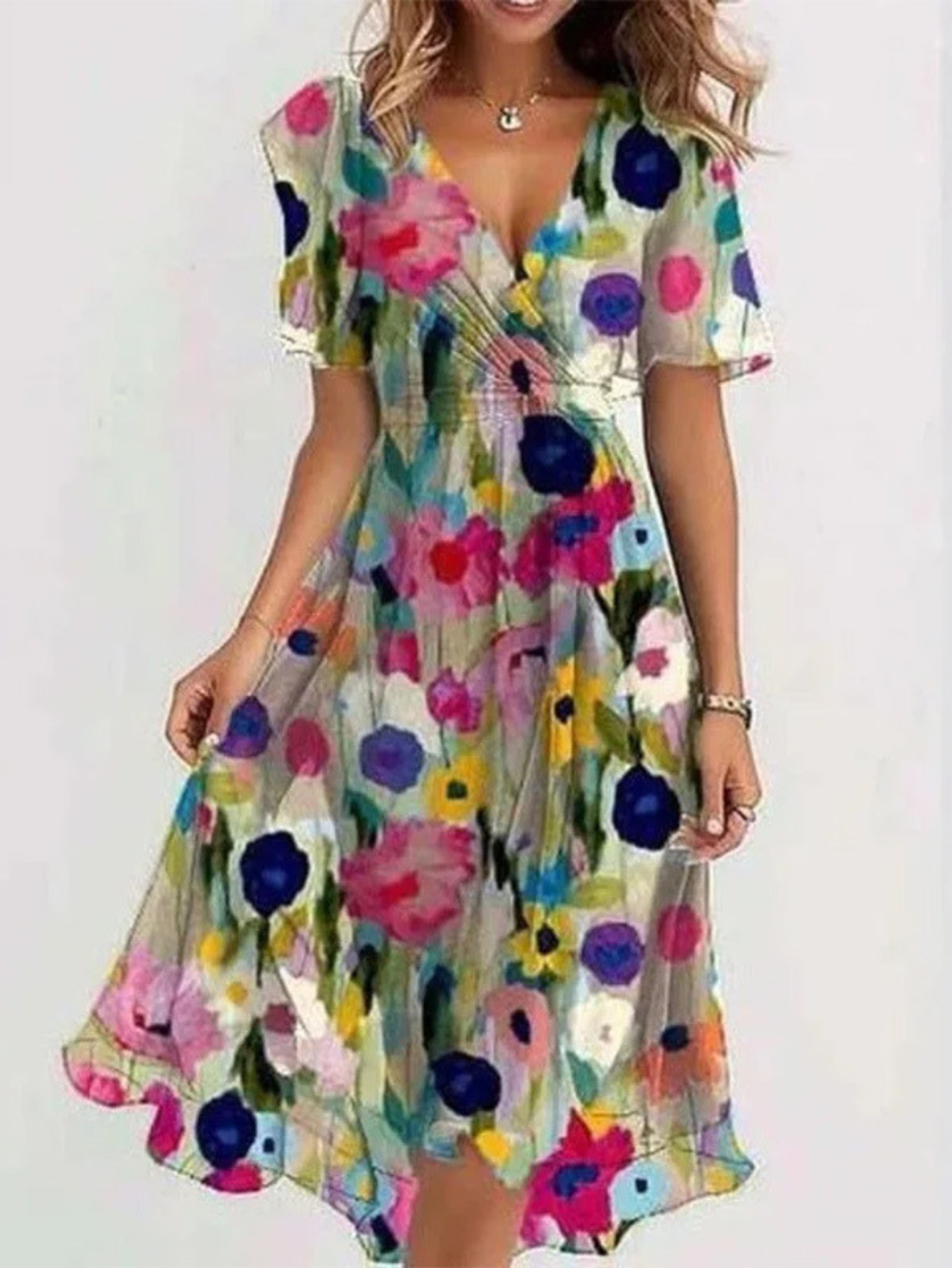 Vestido verano mujer escote en V cruzado falda fluida cintura