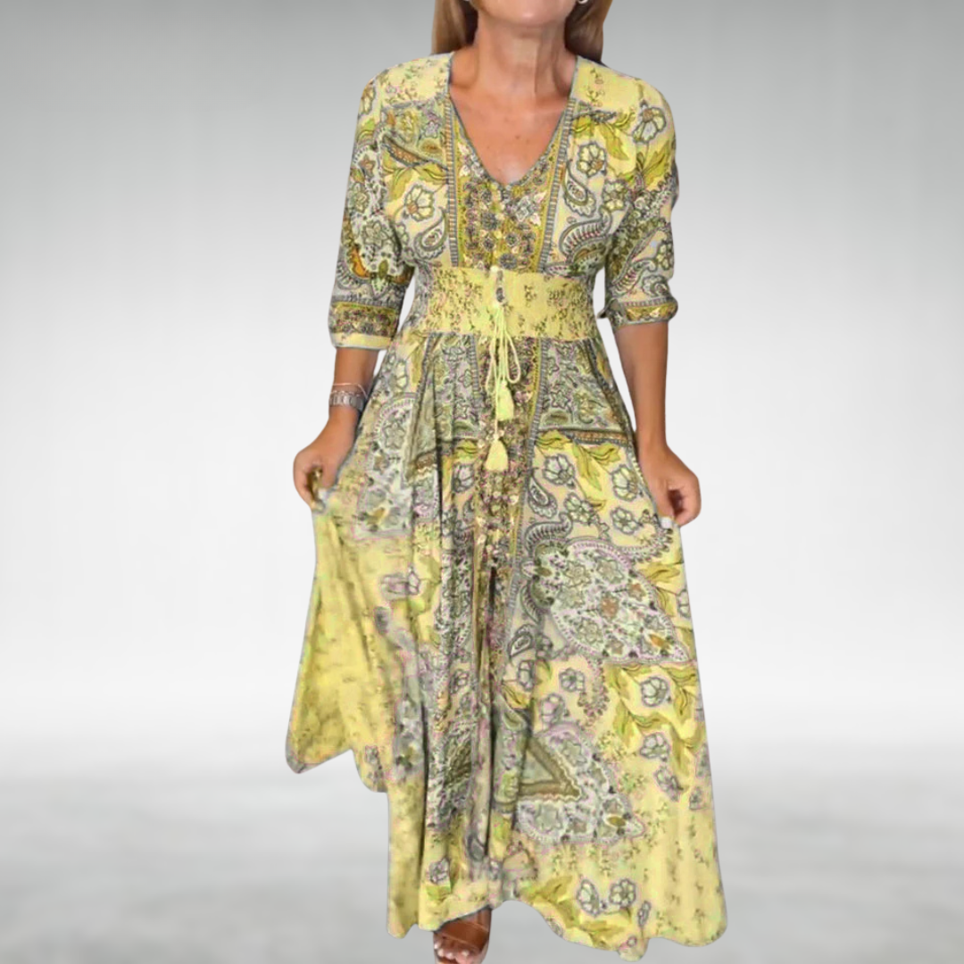 Vestido Maxi Mujer Estilo Bohemio Cuello en V Cintura Elástica