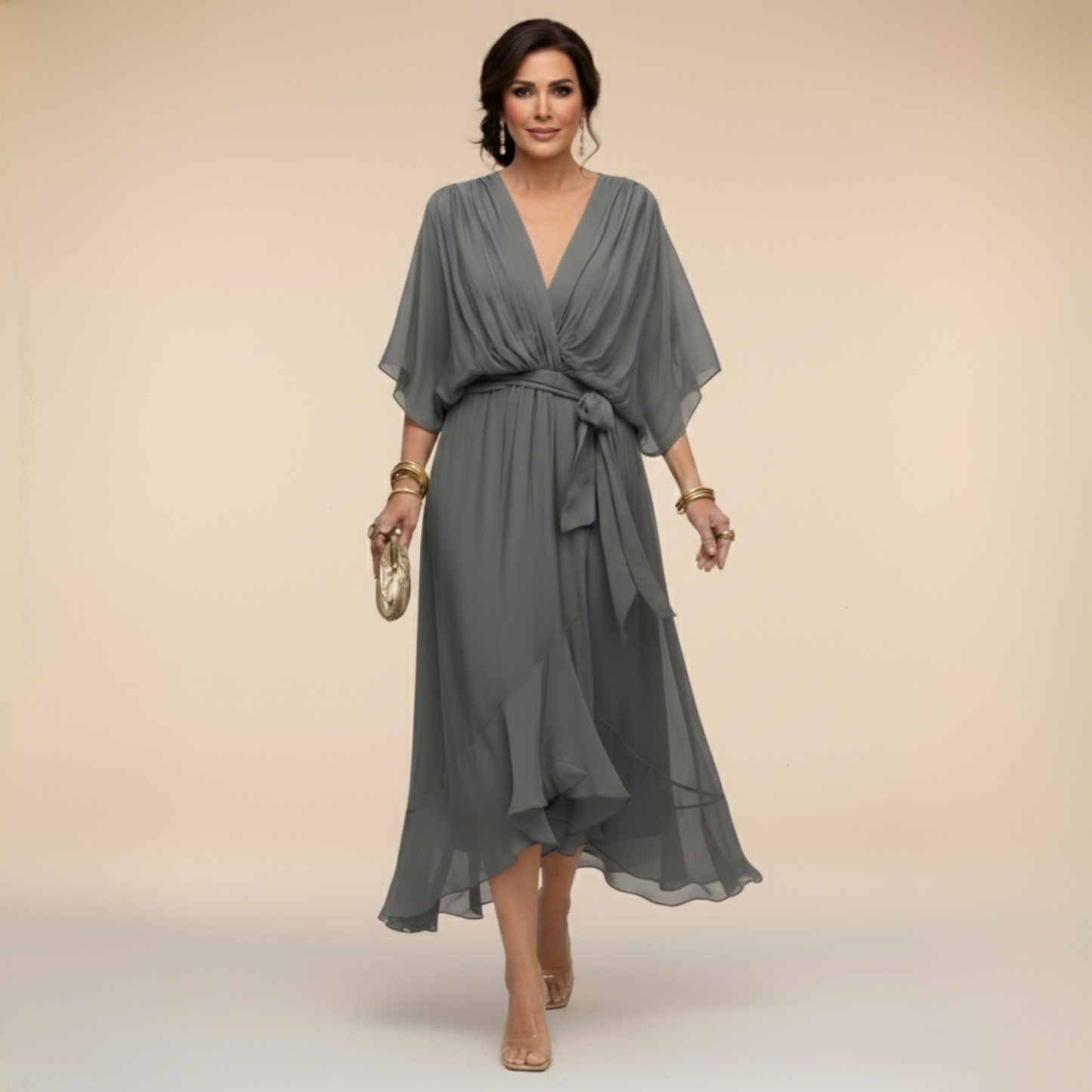 Vestido Midi Mujer Fluido Escote en V Cintura Ajustable