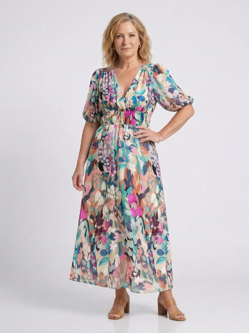 Vestido midi mujer con cuello en V fruncido y estampado floral