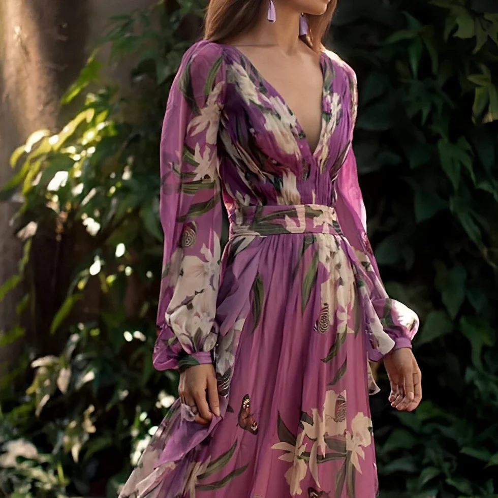 Vestido maxi Mujer Estampado Floral Cuello en V Manga Larga