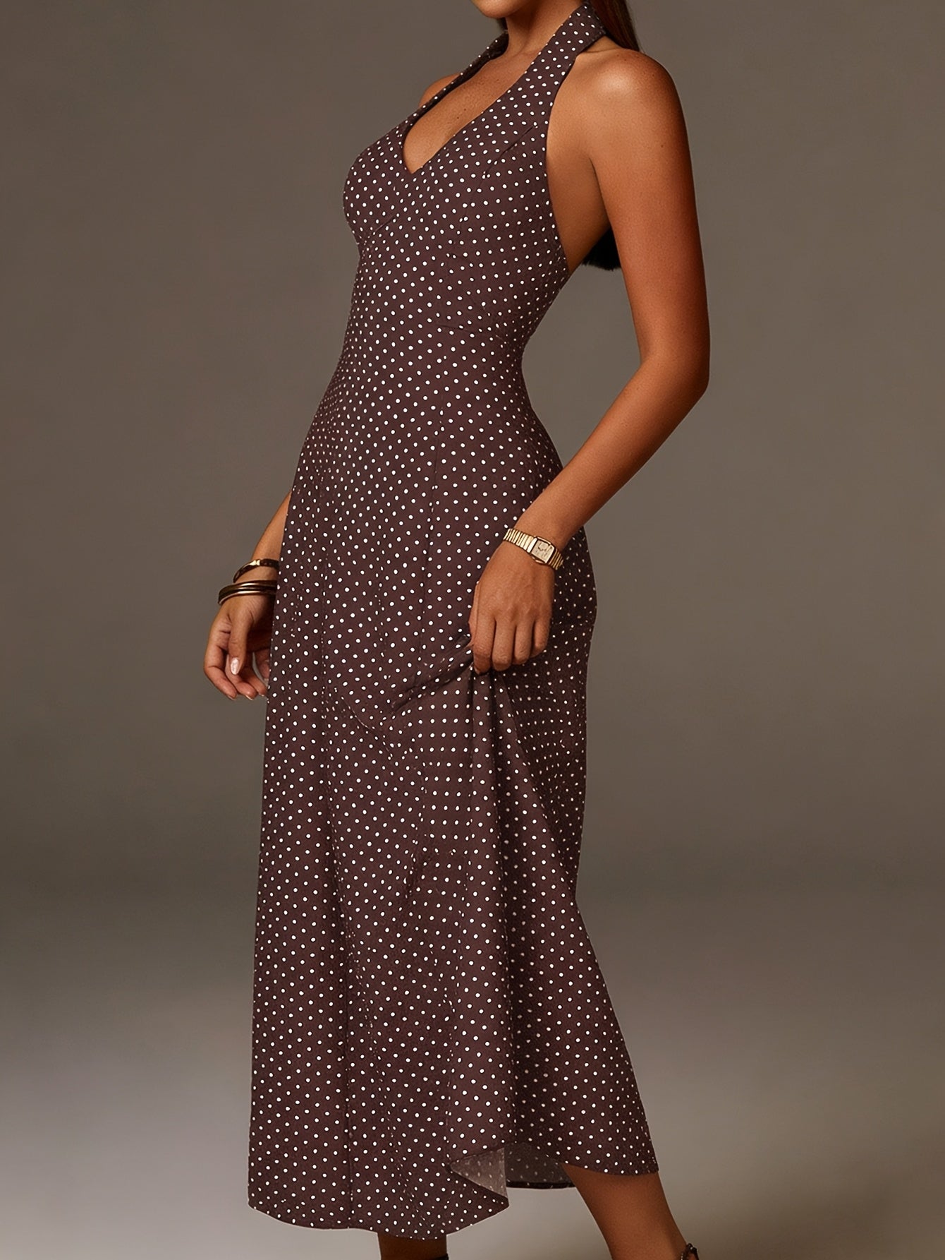 Vestido Maxi Mujer Lunares Cuello Halter Escote en V
