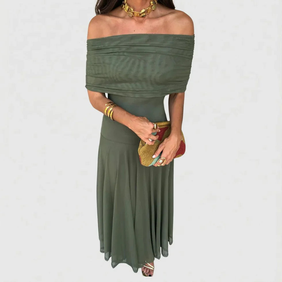 Vestido maxi Mujer de Malla Plisada Hombros Caídos