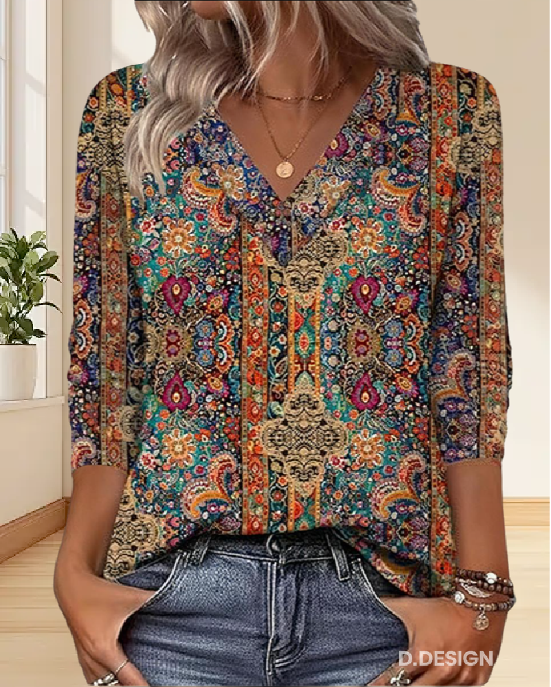 Blusa Mujer Estampado Retro Escote en V