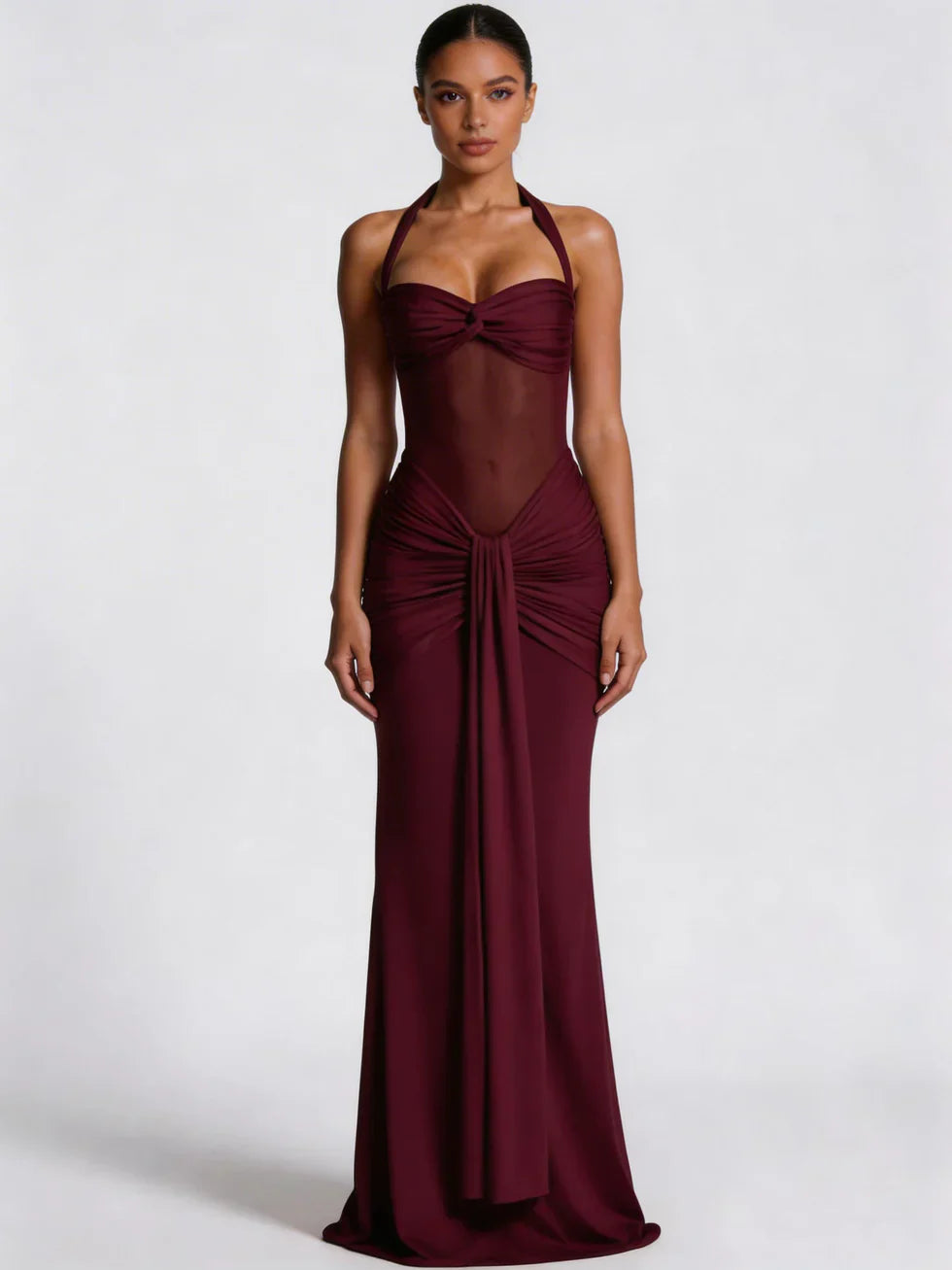 Vestido maxi mujer halter fruncido espalda descubierta