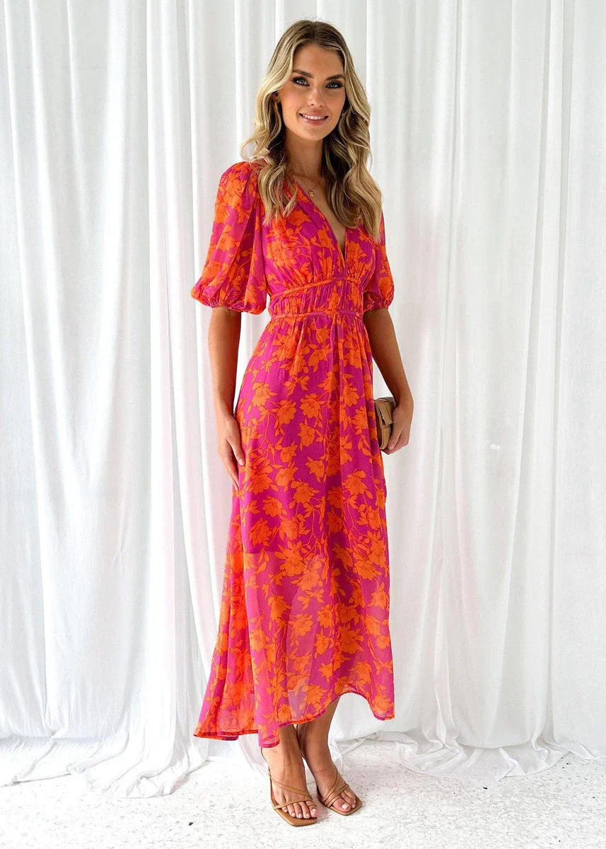 Vestido Mujer Estampado Cuello en V Manga Abullonada