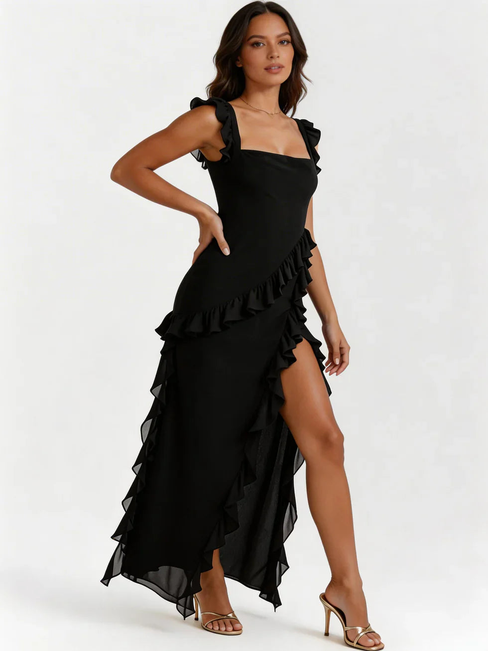 Vestido maxi Mujer escote cuadrado con volantes