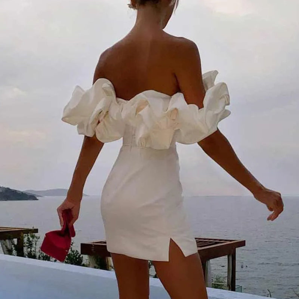 Vestido mini mujer sin tirantes con volantes para boda