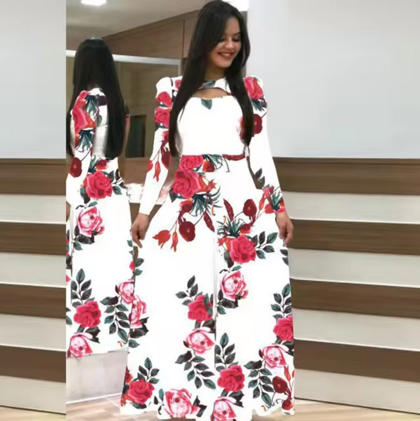 Vestido maxi mujer de manga larga con estampado floral