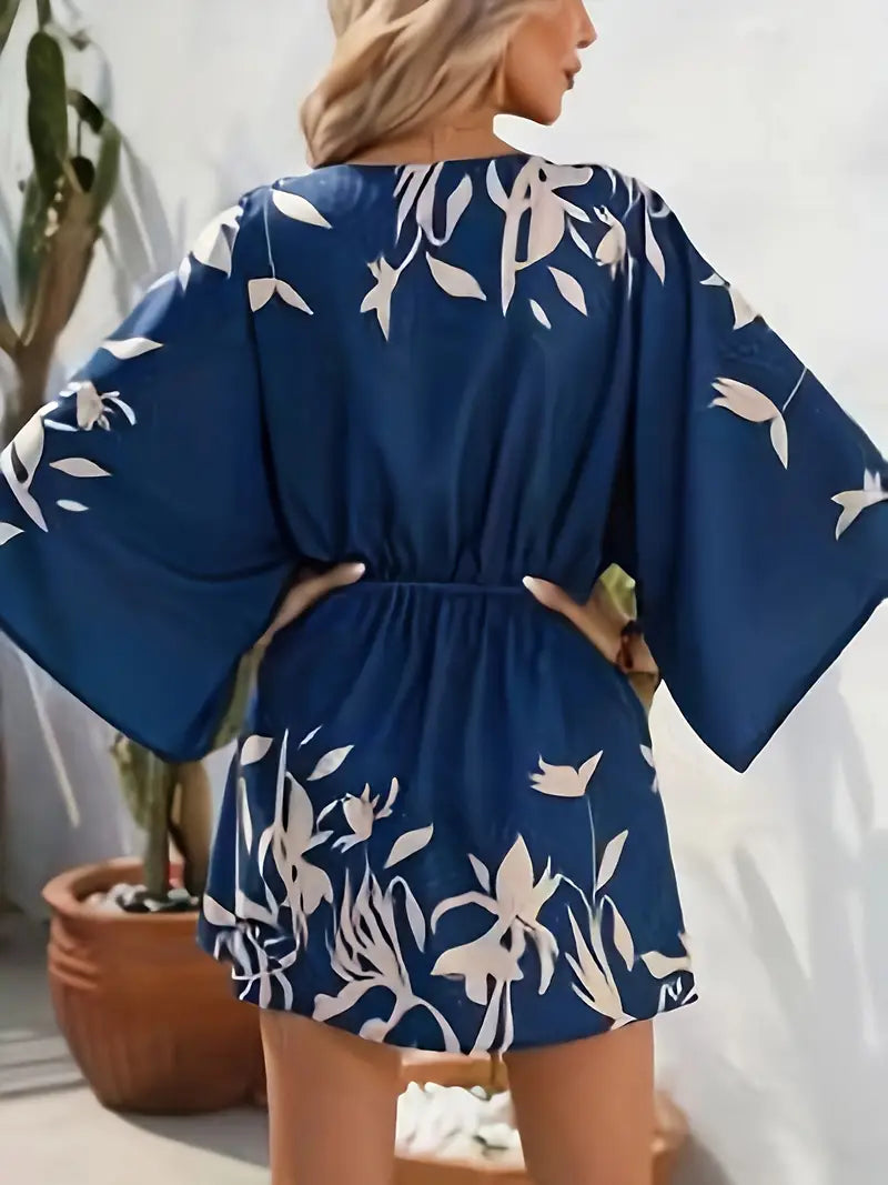 Vestido mini mujer Estampado floral Escote en V Mangas largas