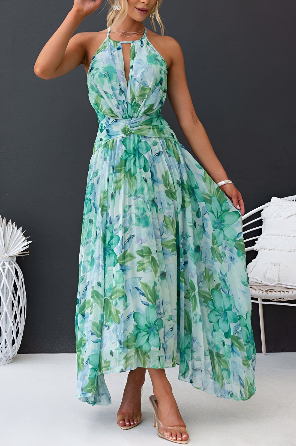 Vestido maxi mujer con pliegues y estampado floral