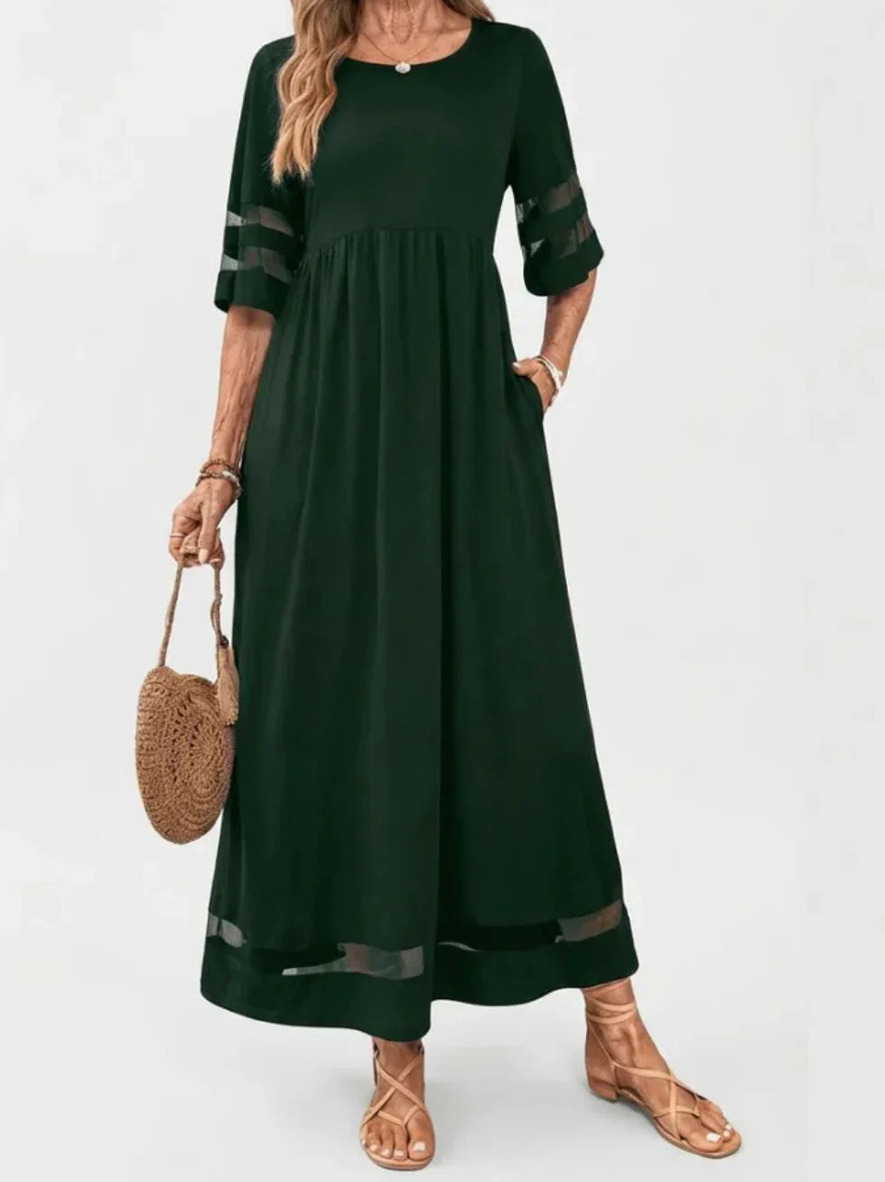 Vestido midi mujer suelto mangas transparentes
