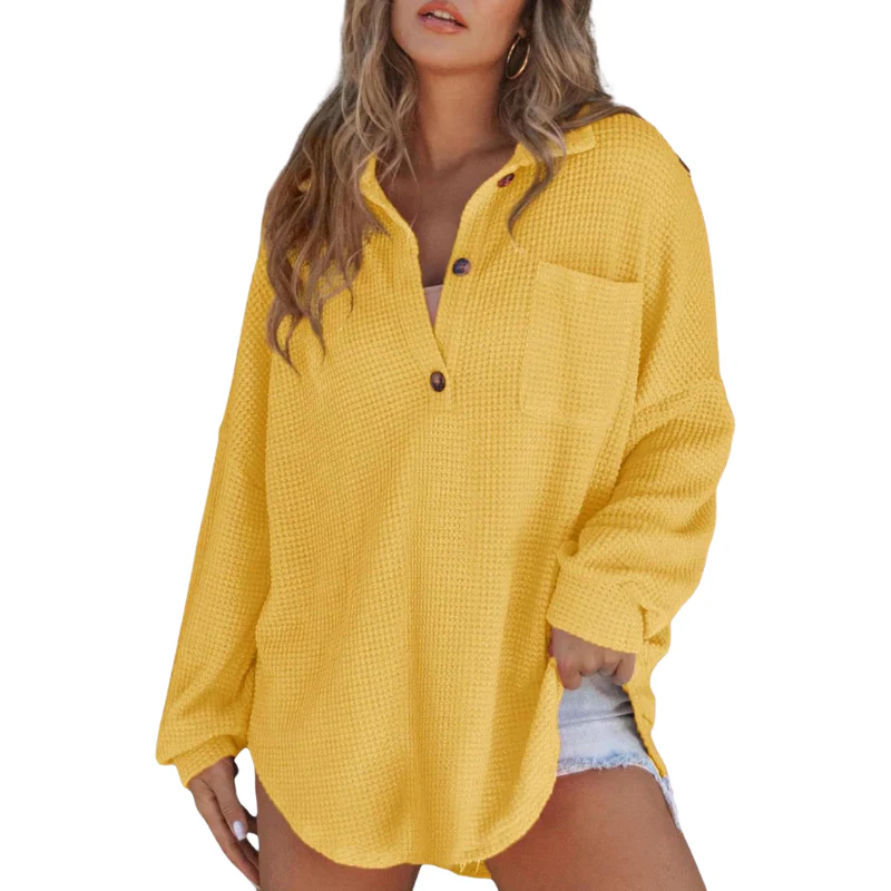 Mujer de Tejido Waffle Cuello en V y Botones