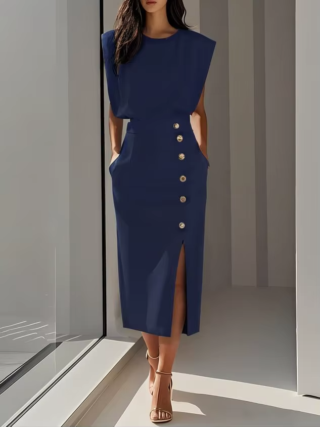 Vestido Midi Mujer Sin Mangas Botones Cintura Alta
