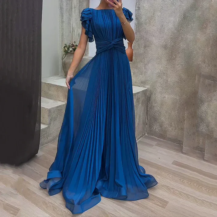 Vestido Largo Mujer Cuello Redondo Fruncido Cruzado