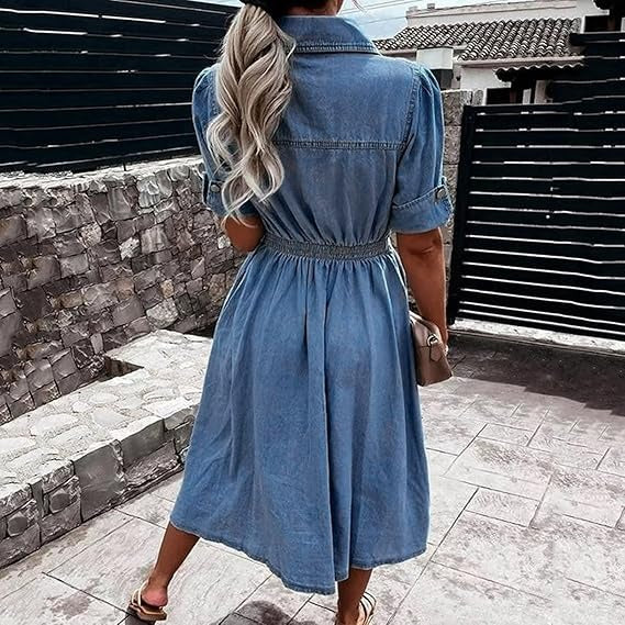 Vestido midi mujer con botones manga corta corte suelto