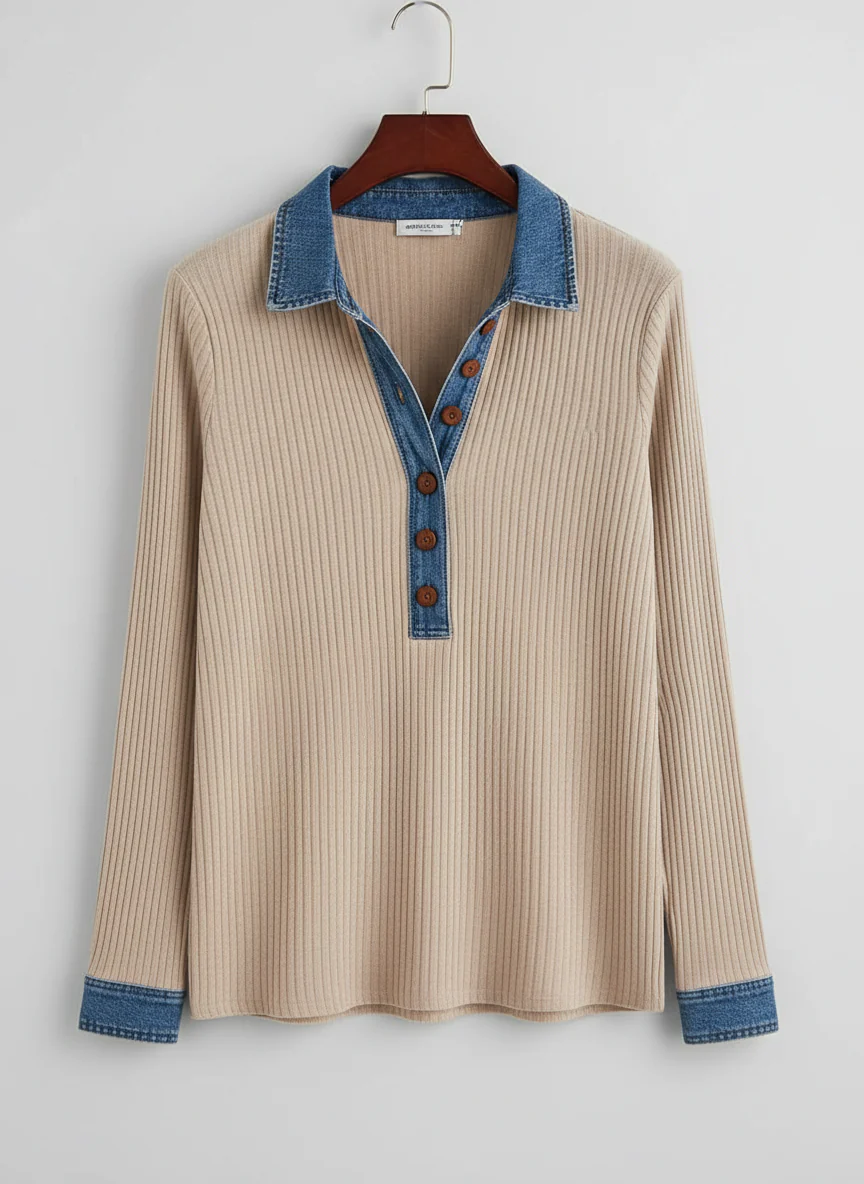Jersey Unisex de Punto Acanalado Cuello Denim con Botones