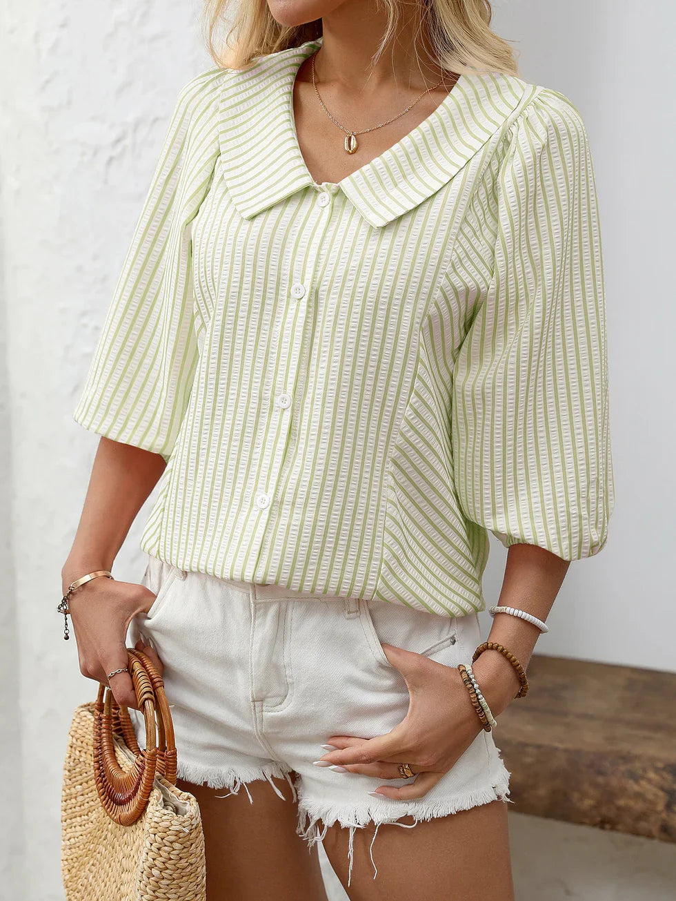Blusa Mujer de Algodón Botones Manga Abullonada