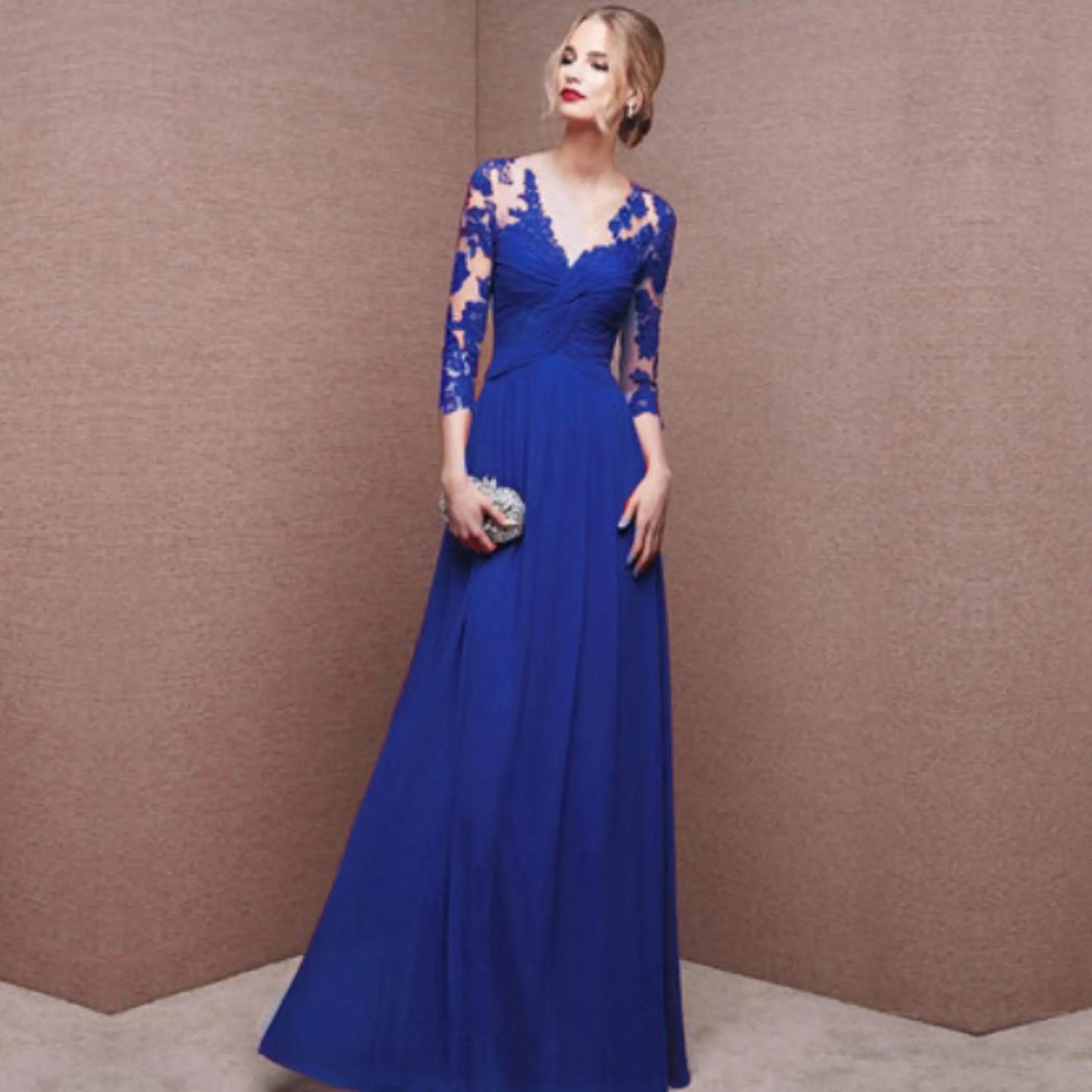 Vestido maxi mujer de encaje mangas largas corte fluido