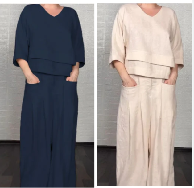 Conjunto Mujer de Algodón y Lino Escote en V Pantalón Ancho