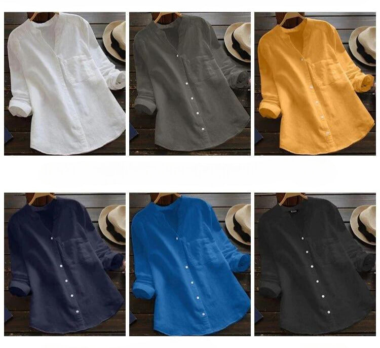Camisa Mujer con Manga Larga Bolsillo y Cuello Sin Solapa