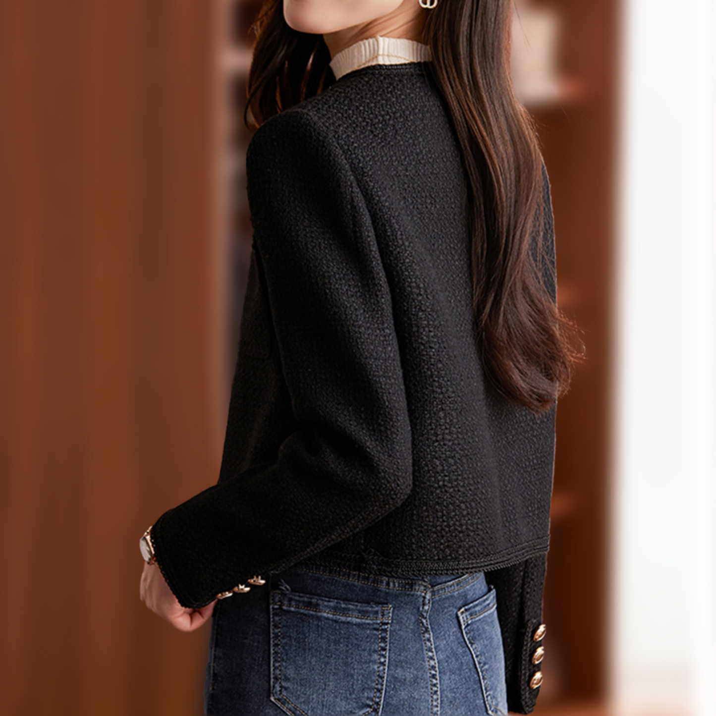 Chaqueta Mujer de Tweed Estilo Clásico Ajuste Regular