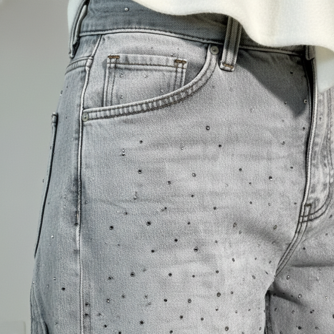 Pantalones Vaqueros Mujer Anchos Cintura Media Detalle Brillante
