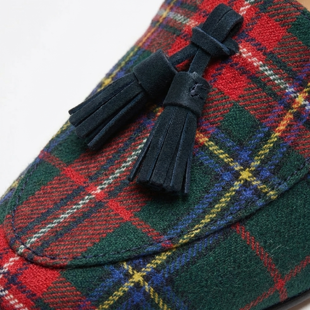 Mocasines Mujer de Tela Tartán con Borlas Estilo Clásico