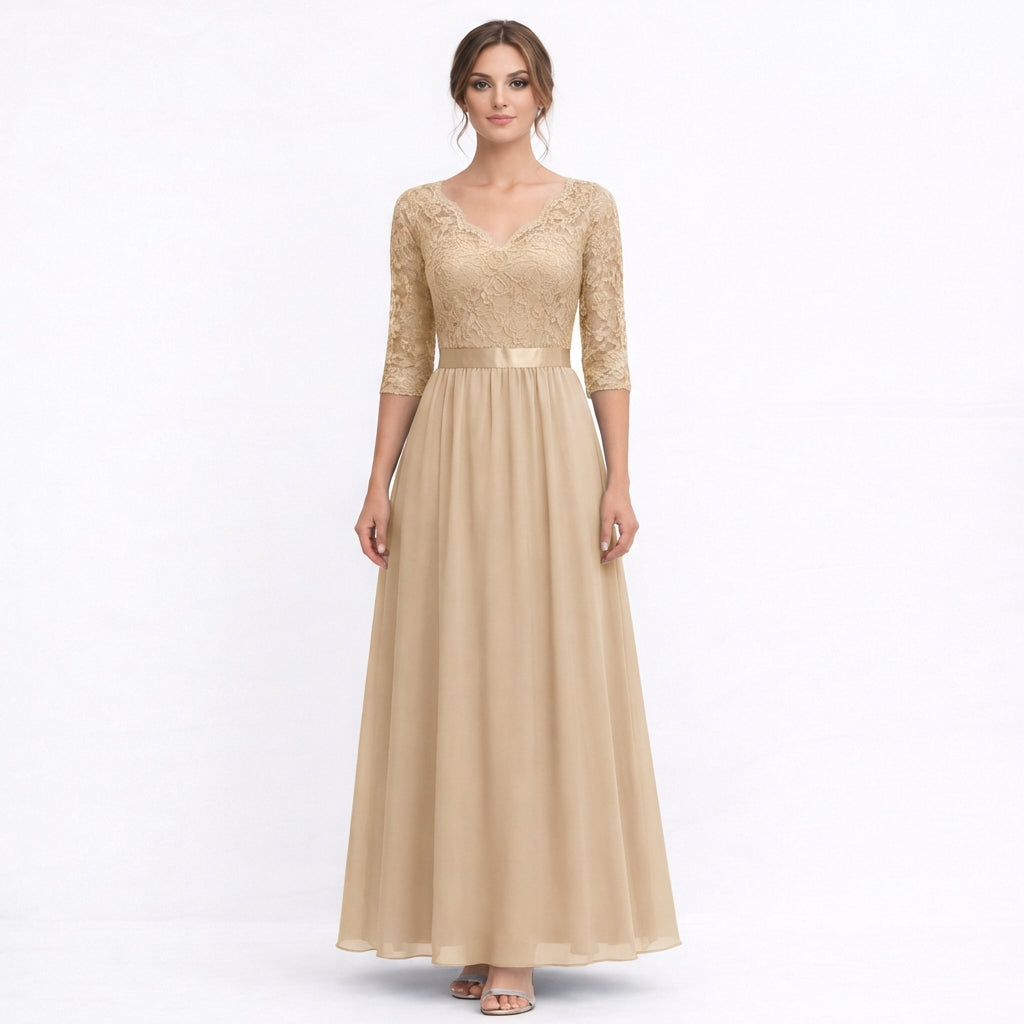 Vestido Maxi Mujer de Encaje Cuerpo Cuello en V