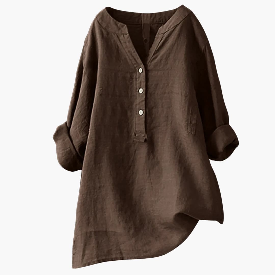 Blusa mujer de lino manga larga cuello en V botones holgada