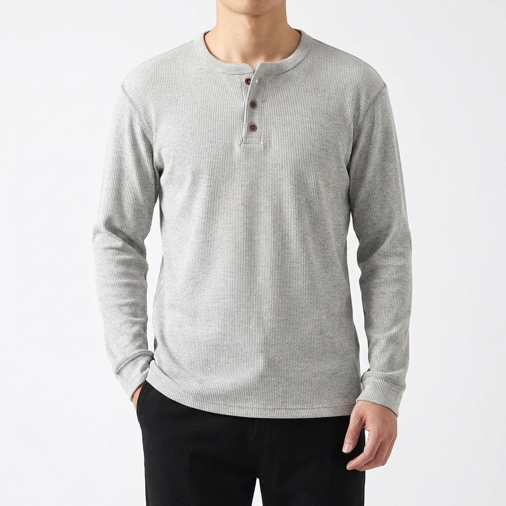 Camiseta Henley Hombre Algodón Manga Larga Casual