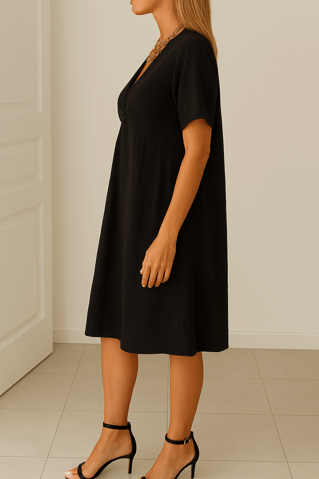 Vestido midi Mujer con detalle drapeado escote en V manga corta