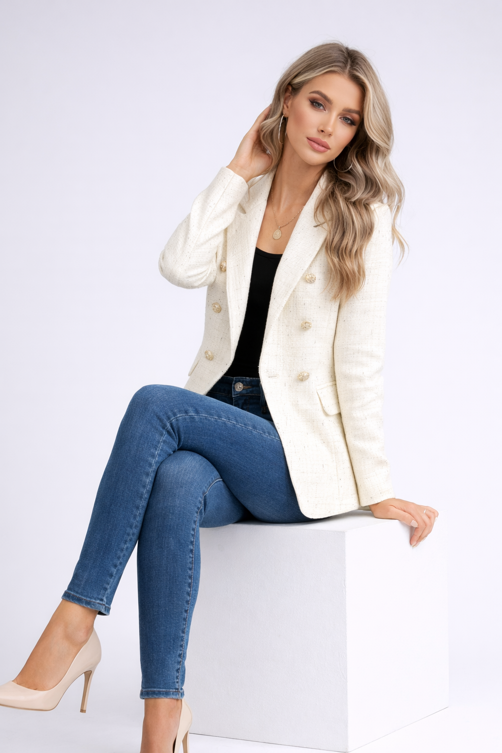 Blazer Mujer Entallado Tweed Doble Botonadura Solapas